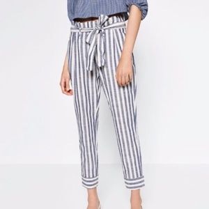 Zara Blue and White Striped Waist Tie Trousers